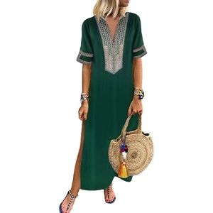 Emerald Green Bohemian Moroccan V Neck Embroidered Slit Maxi Long Dress